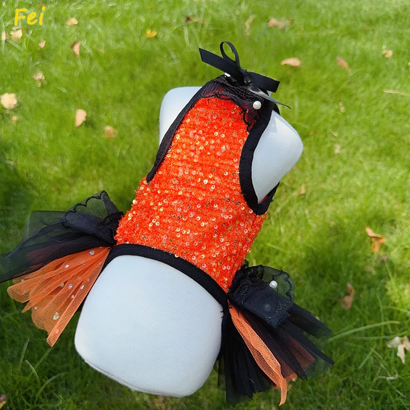Halloween Party Dog Princess Dress with Orange Black Sequin Lace Bow, Tuxedo Costume for Teacup Pomeranian Autumn Wedding Pet