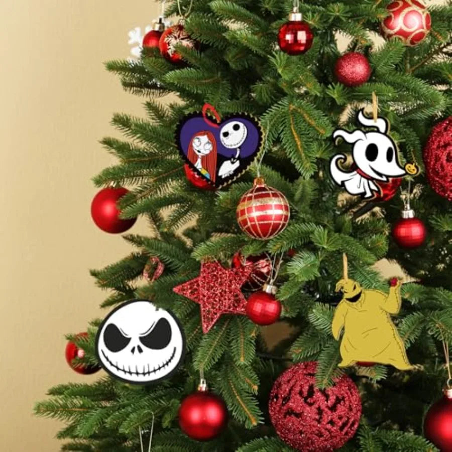 36 PCS Halloween Christmas Jack Sally Wooden Hanging Ornaments for Tree Wood Nightmare Christmas Tree Decorations Before Spooky