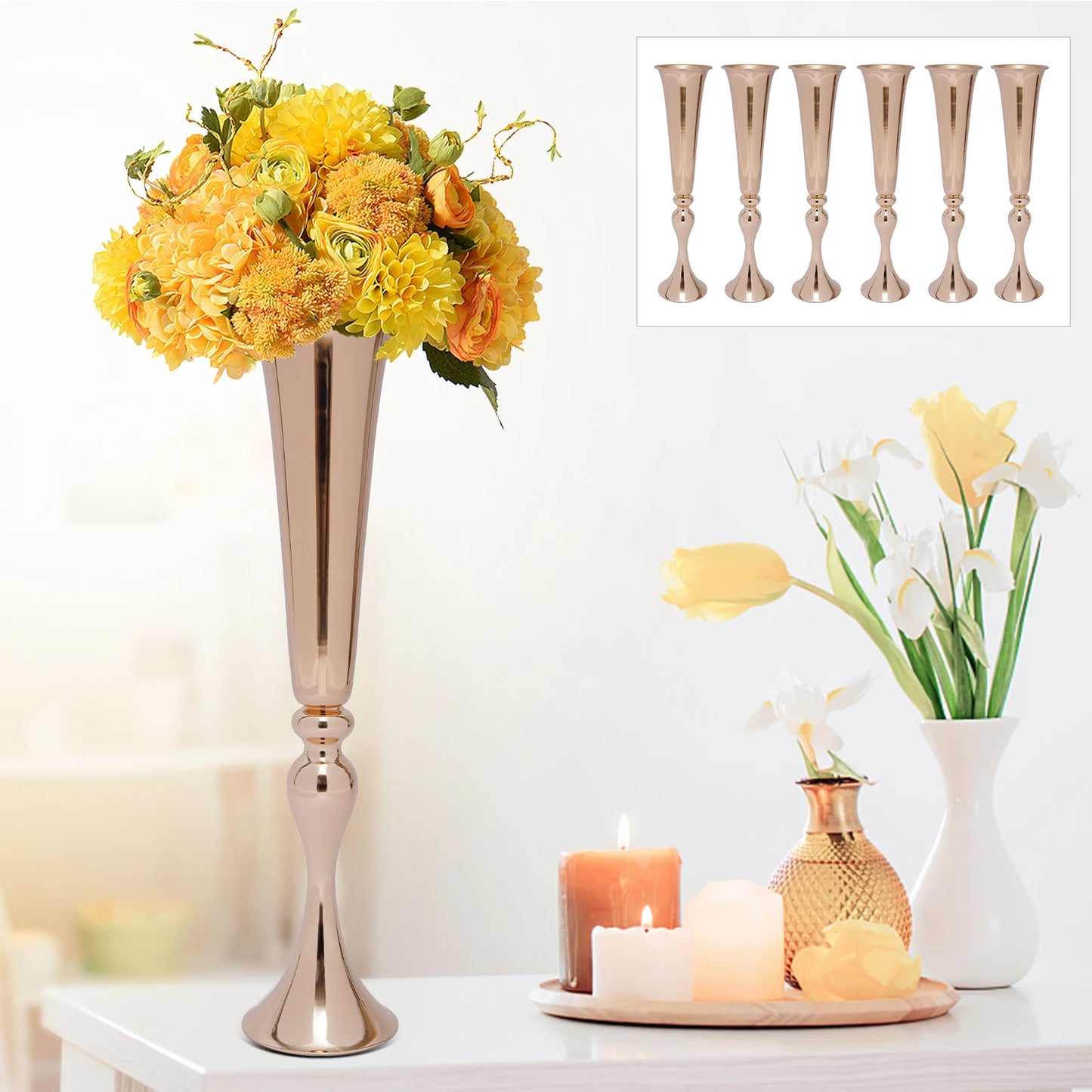 6pcs 22.2inch Metal Desktop Mount Trumpet Vases Gold Iron Decoration Vase For Weddings, Birthday Parties, Anniversaries