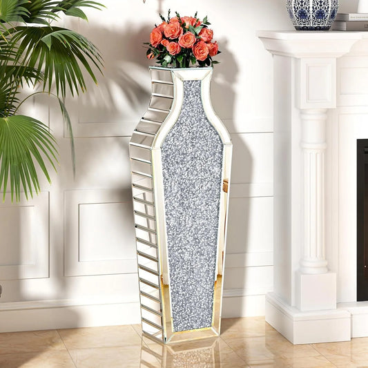 Luxury Tall Floor Vase Crushed Diamond Mirrored Vase 27” Crystal Glass Flower