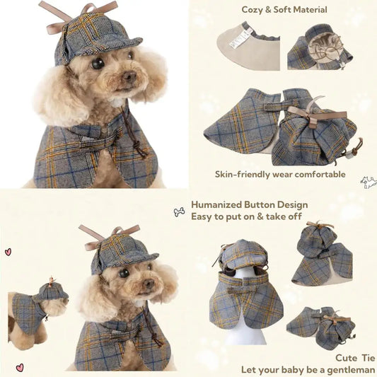 Dog Costume-Cute Detective Pet Clothes Set Halloween Cosplay Party Outfit Winter Fashion Cape Cloak Hat for Small Medium Dog & C