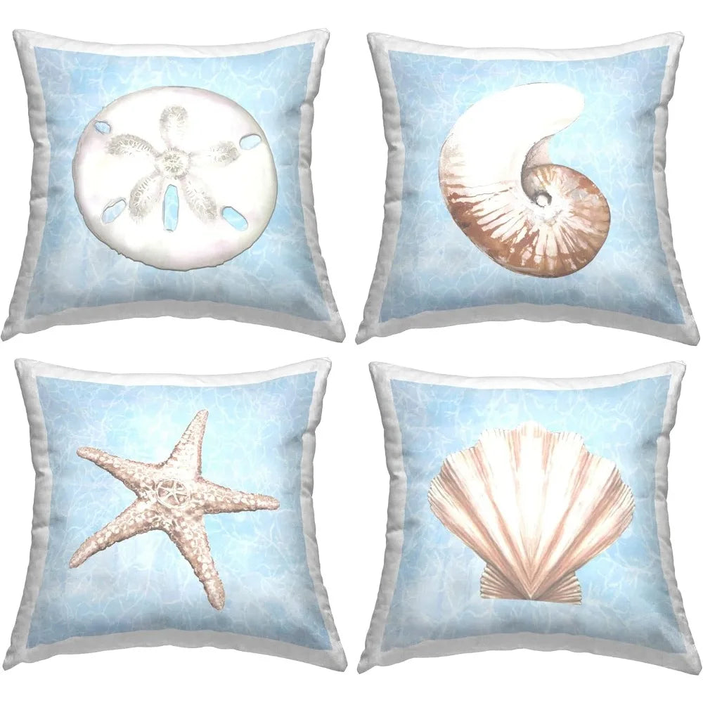 Aquatic Seashell Beach Water Design by Diannart Throw (Set of 4) Pillow, 18 x 18, Blue