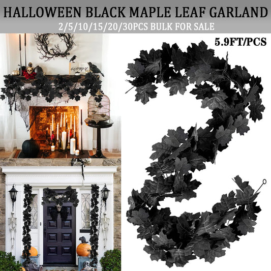 2-30pcs Black Maple Leaf Garland Halloween Artificial Hanging Fall Leave Vines Bulk For Halloween Home Party Decor