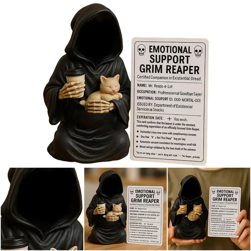 Emotional Support Grim Reaper Figurine with Support Card Grim Reaper Statue Gothic Skeleton Statue for Halloween Decor
