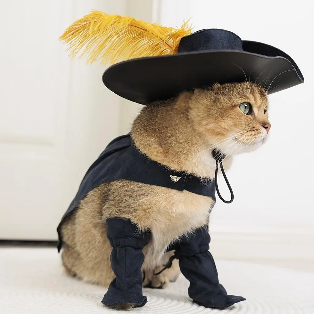 Pet Cat Dog Puss in Boot Costume Cosplay Halloween Cute Kitten Puppy Clothes Dress up Pretend Play with Cloak Hat Belt Cape Acce