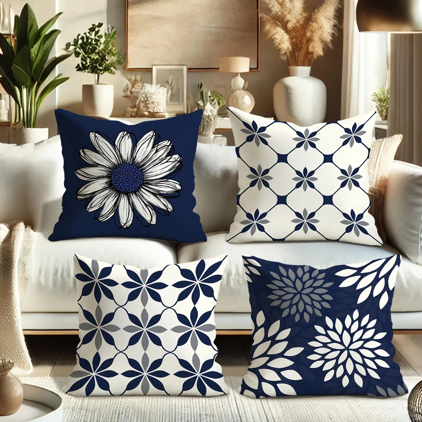 Blue and White Daisy Geometric Pattern PillowcaseBedroom Living Room Sofa Home Decor Polyester Cushion Cover with Zipper