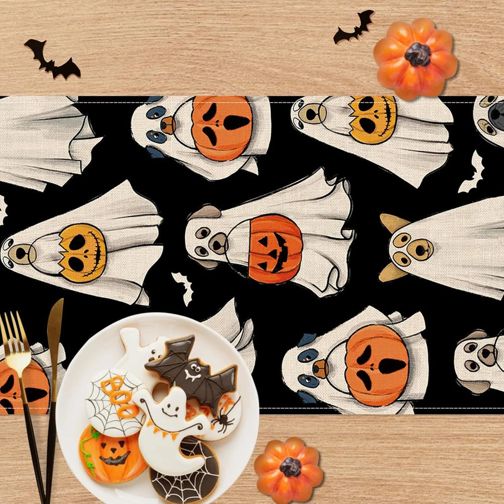 Halloween Spooky Ghost Dog Table Runner Jack O Lantern Pumpkin Bat Pumpkin Ghost Table Runner Indoor Outdoor Home Party Decor