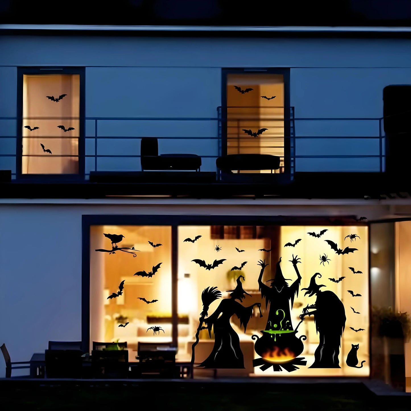 Giant Halloween Window Clings Static Decals | Spooky Witch Silhouette with Cat & Bat | Multi-Room Decor 4-Pack for Home School