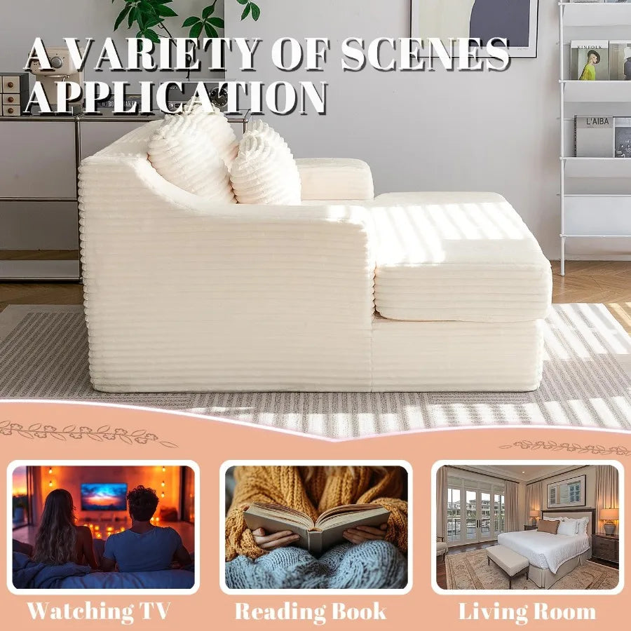 55 Inch Chaise Lounge Indoor Oversized Chaise Lounge with 4 Throw Pillows and Armrets Upholstered Plush Sofa Bed Corduroy Lazy