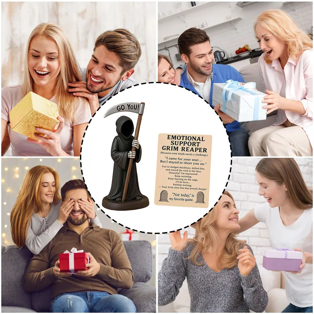 Emotional Support Grim Reaper Figurine with Support Card Grim Reaper Statue Gothic Skeleton Statue for Halloween Decor