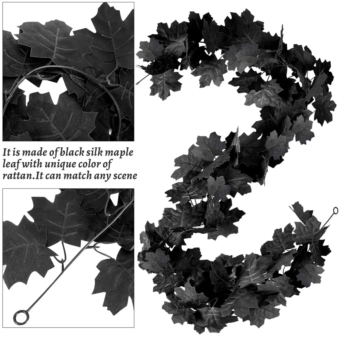 2-30pcs Black Maple Leaf Garland Halloween Artificial Hanging Fall Leave Vines Bulk For Halloween Home Party Decor