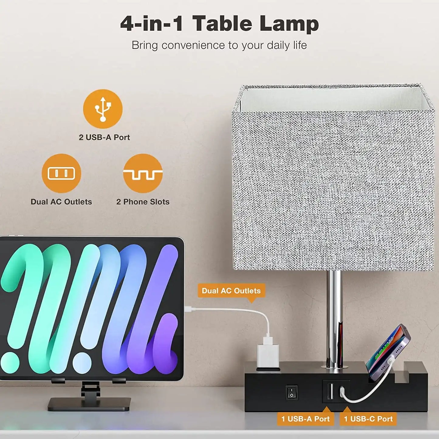 Bedside Table Lamp for Bedroom Office Nightstand Lamp with AC Outlet Port 2 USB Charging Ports & 3 Way Dimmable Touch Lamp