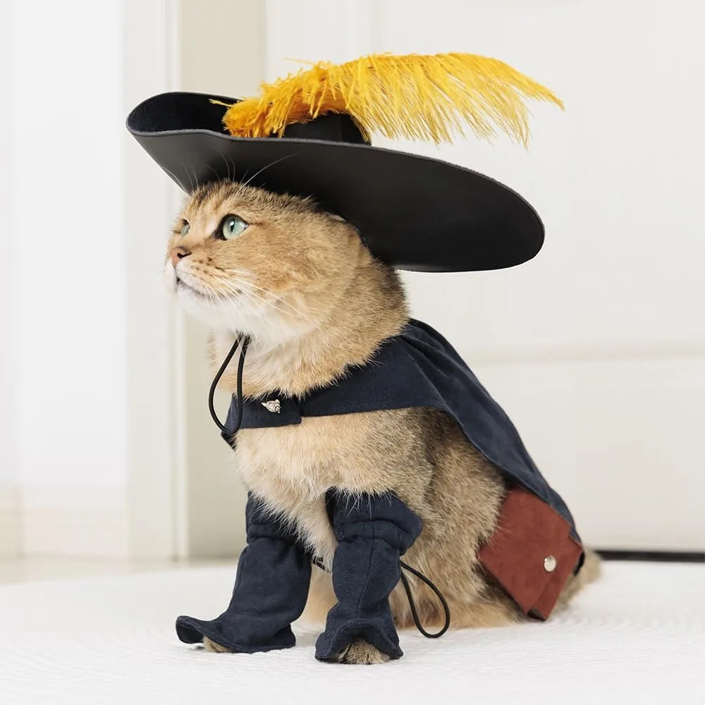 Pet Cat Dog Puss in Boot Costume Cosplay Halloween Cute Kitten Puppy Clothes Dress up Pretend Play with Cloak Hat Belt Cape Acce
