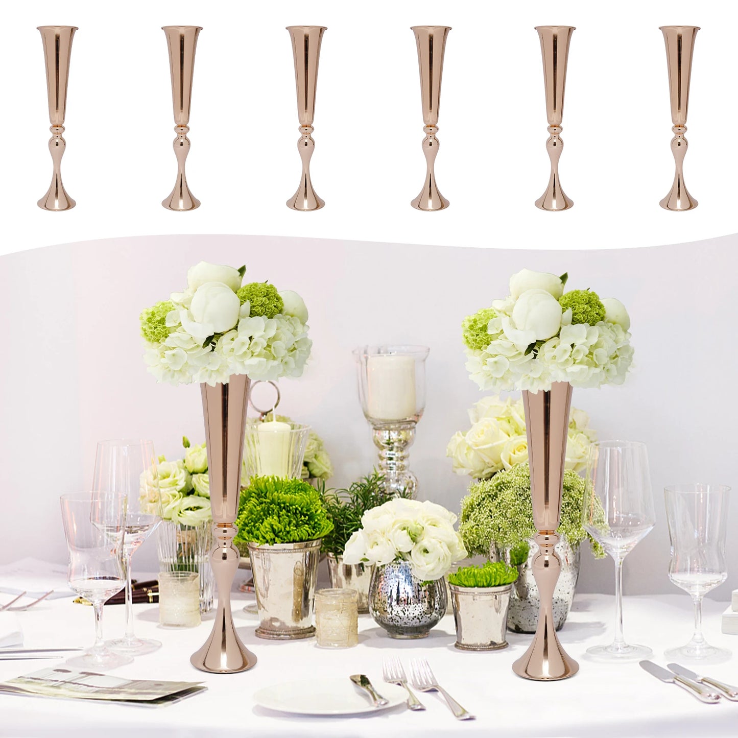 6pcs 22.2inch Metal Desktop Mount Trumpet Vases Gold Iron Decoration Vase For Weddings, Birthday Parties, Anniversaries