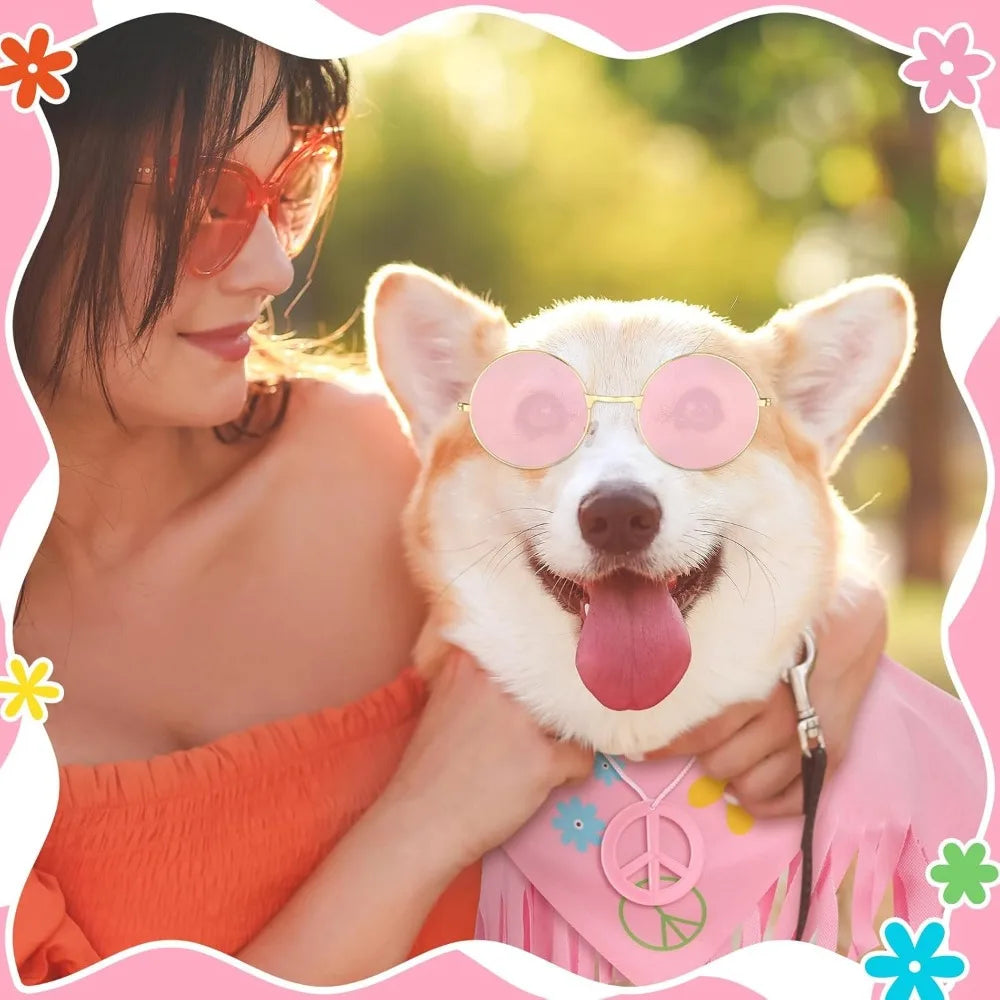 Hippie Dog Halloween Costume Funny Dog Outfits with Pink Cloak Bandana Glasses Necklace Dress up Pet Clothes (Small)